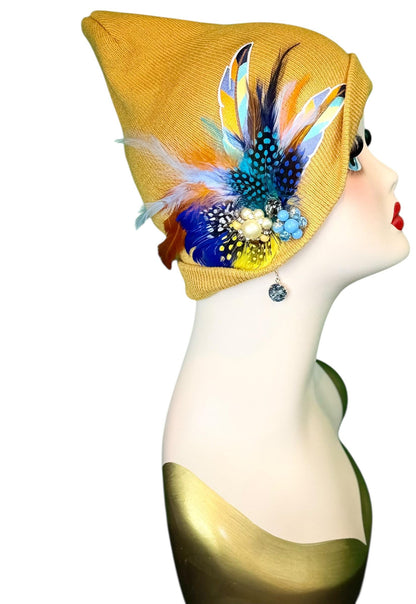 Golden Sunset Statement Patchwork Flapper - Designer Trimmed Feather - Vintage Jeweled Embellished All Season Wear