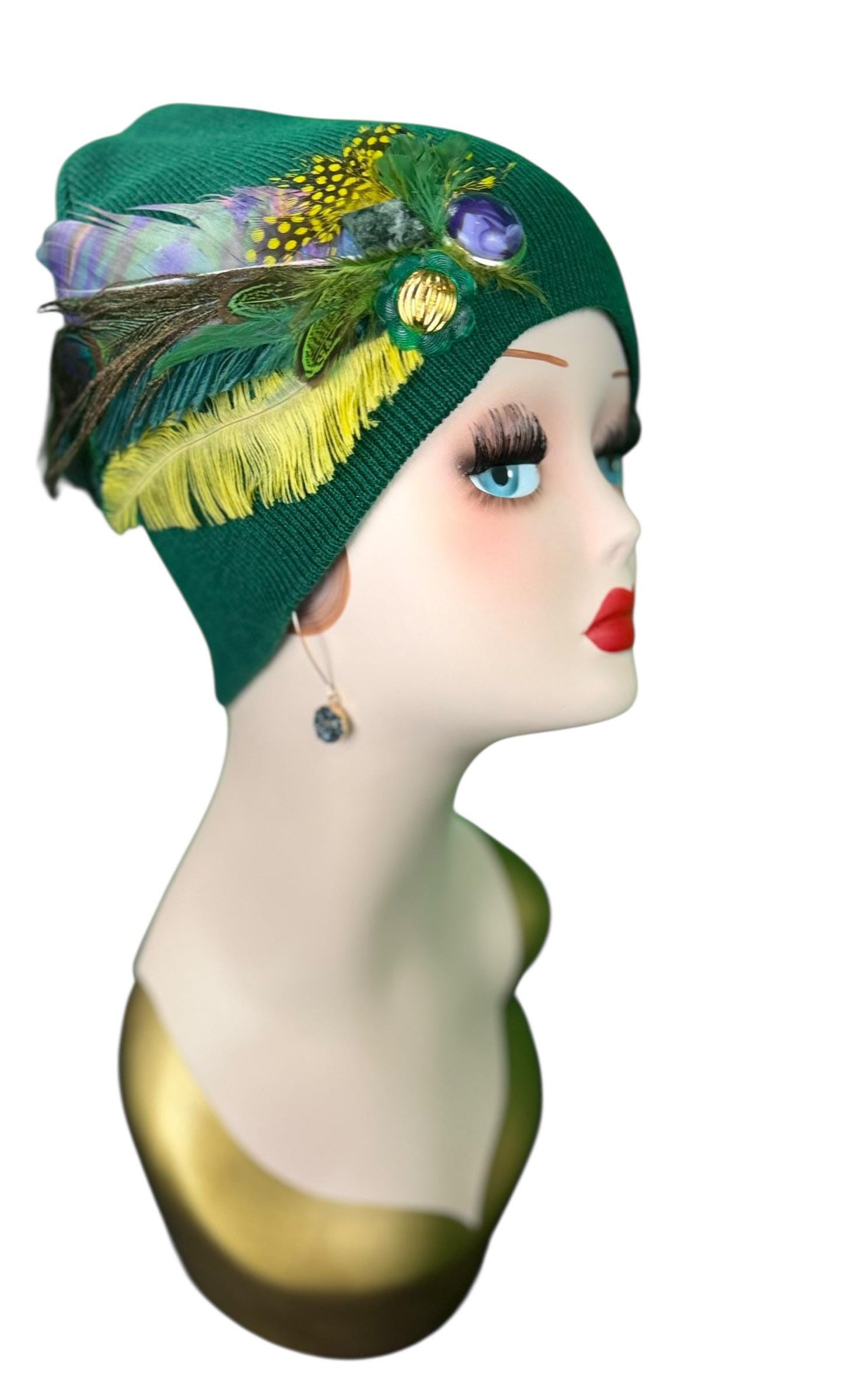 Fancy Flapper Style Vintage Jeweled Slouchy Knit Hat with Feather Accents