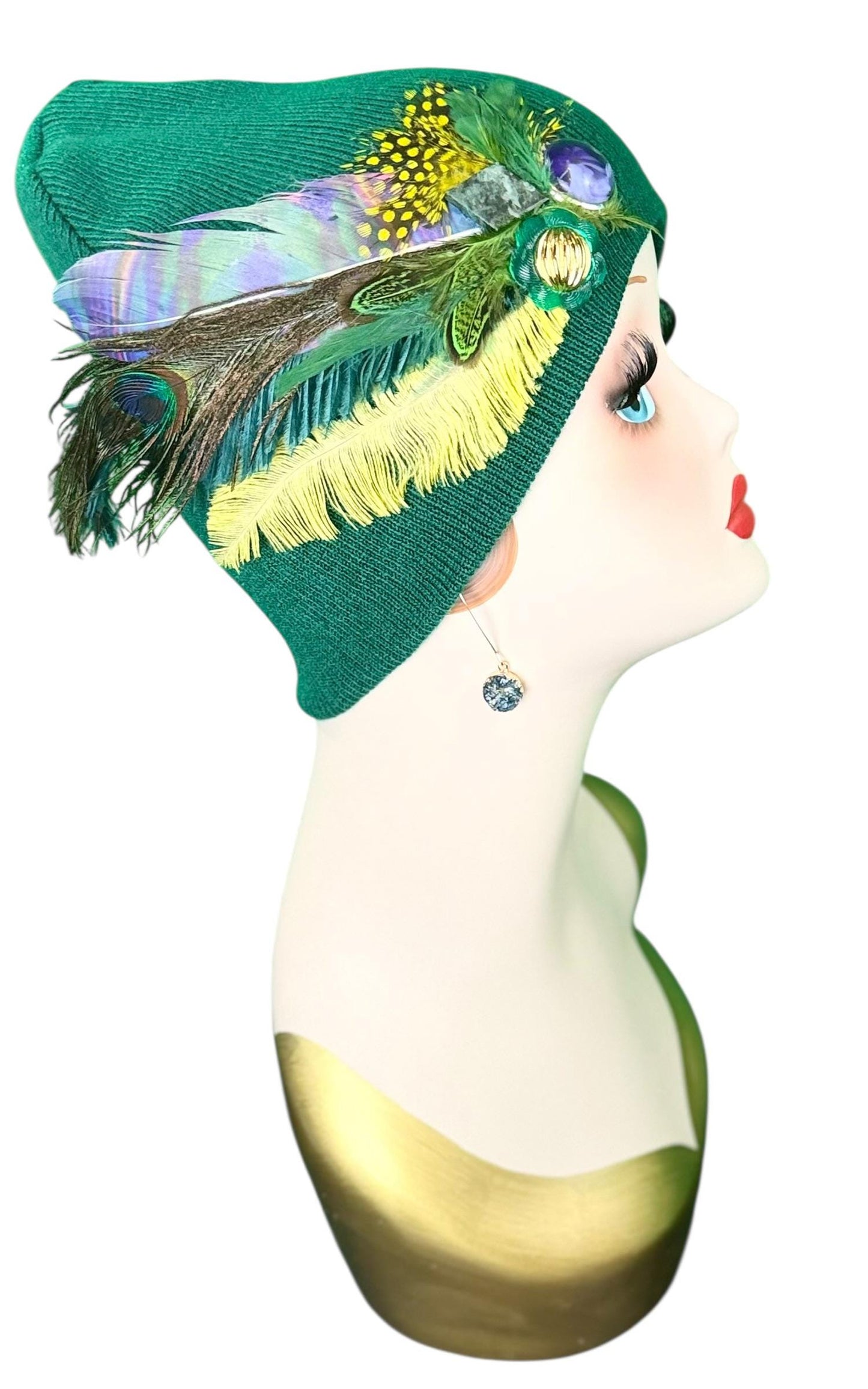 Fancy Flapper Style Vintage Jeweled Slouchy Knit Hat with Feather Accents