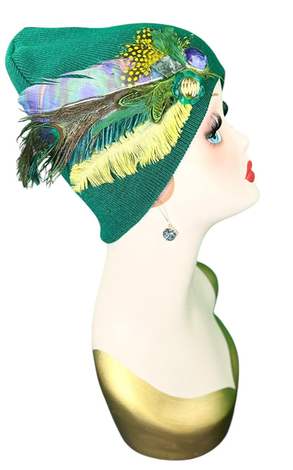 Fancy Flapper Style Vintage Jeweled Slouchy Knit Hat with Feather Accents