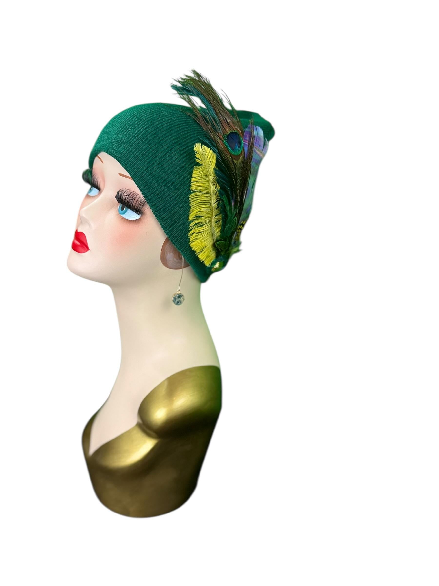 Fancy Flapper Style Vintage Jeweled Slouchy Knit Hat with Feather Accents