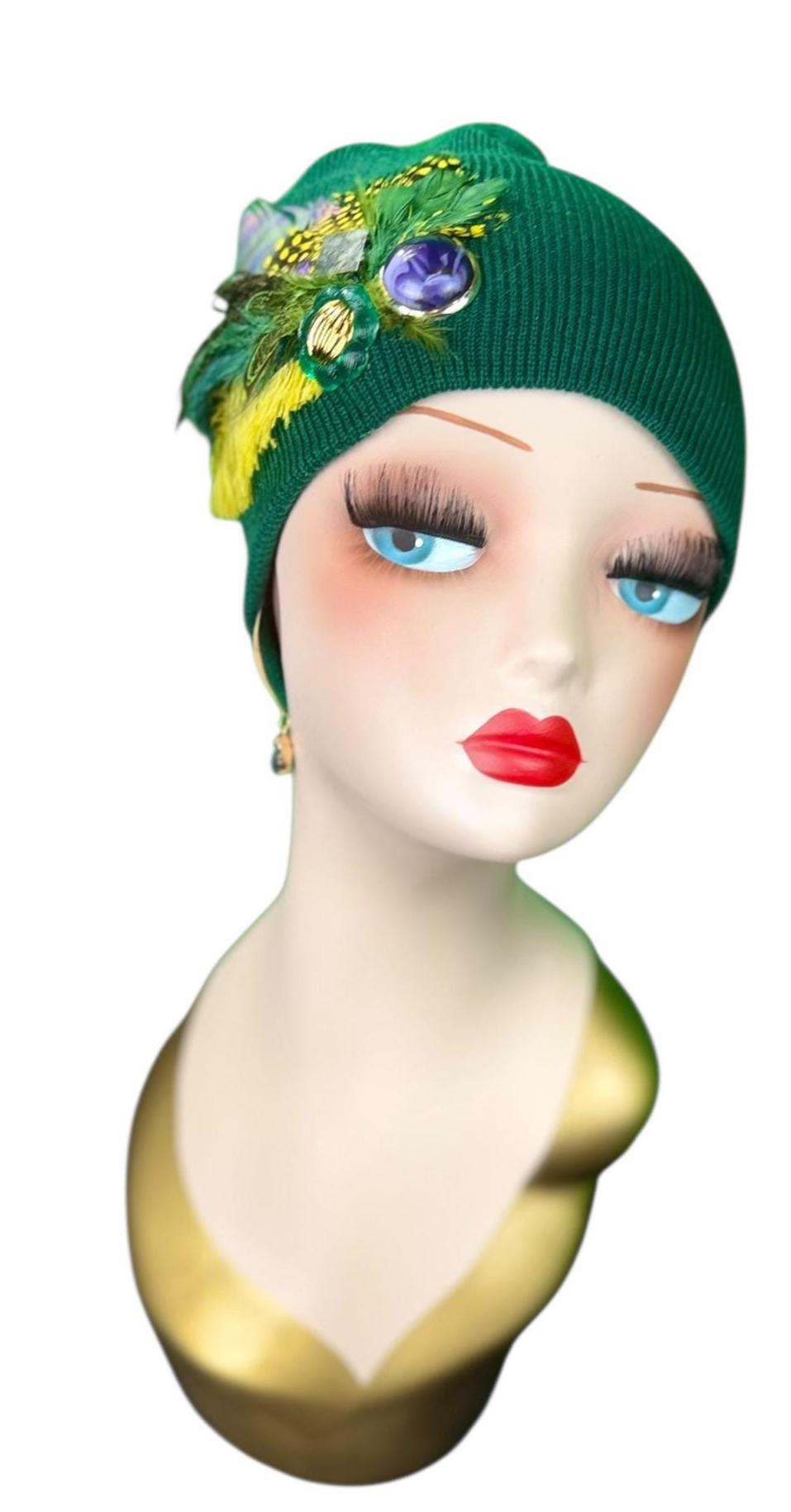 Fancy Flapper Style Vintage Jeweled Slouchy Knit Hat with Feather Accents
