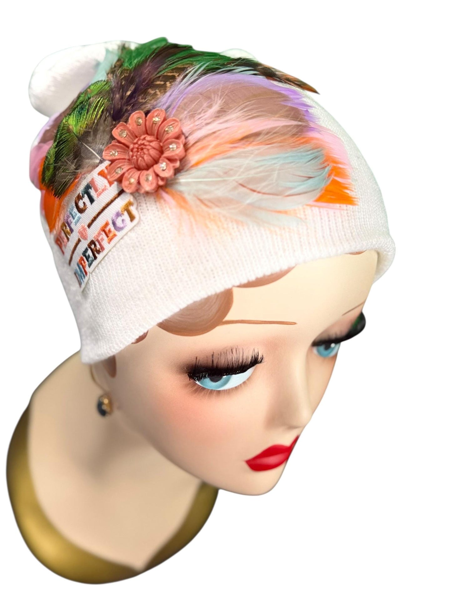 Perfectly Imperfect Patchwork - Feather Trimmed & Jeweled - All Season’s Beanie
