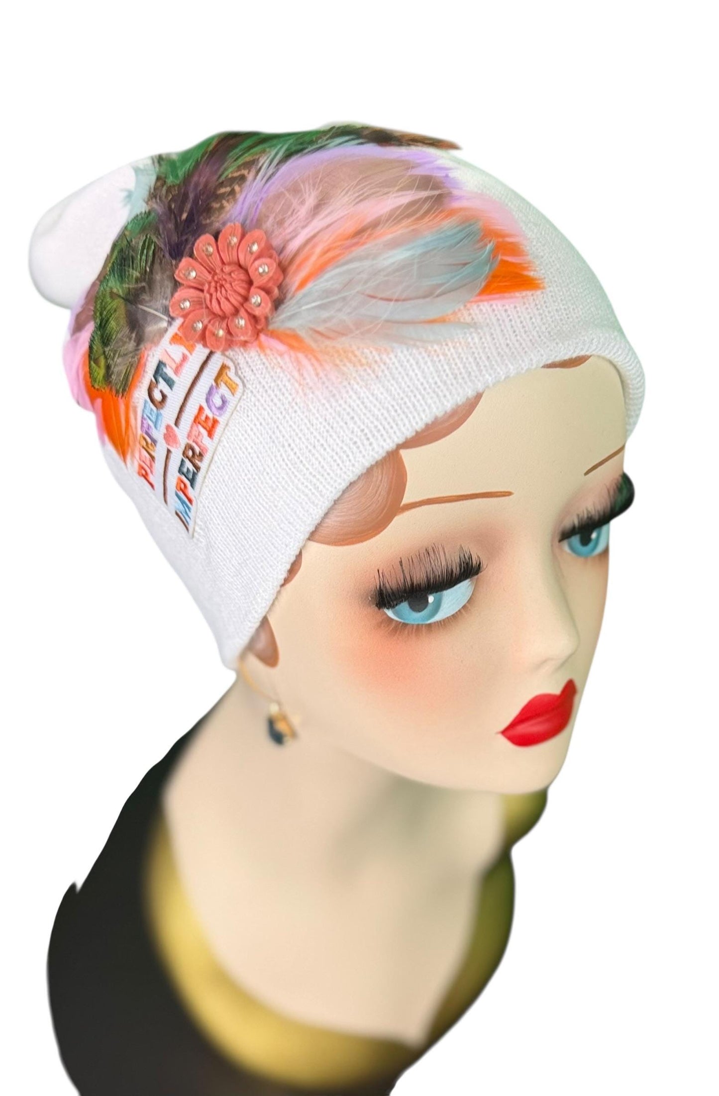 Perfectly Imperfect Patchwork - Feather Trimmed & Jeweled - All Season’s Beanie