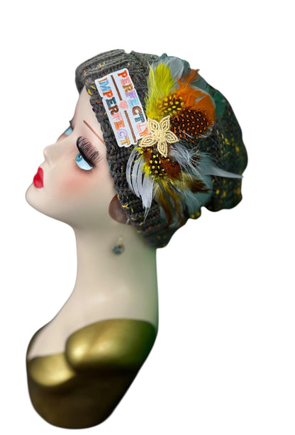 Perfectly Imperfect Patchwork - Feather Trimmed & Jeweled - All Season’s Beanie