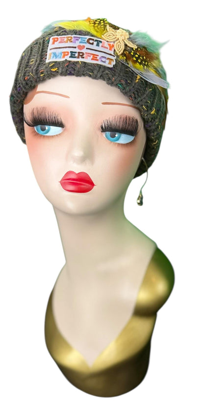 Perfectly Imperfect Patchwork - Feather Trimmed & Jeweled - All Season’s Beanie