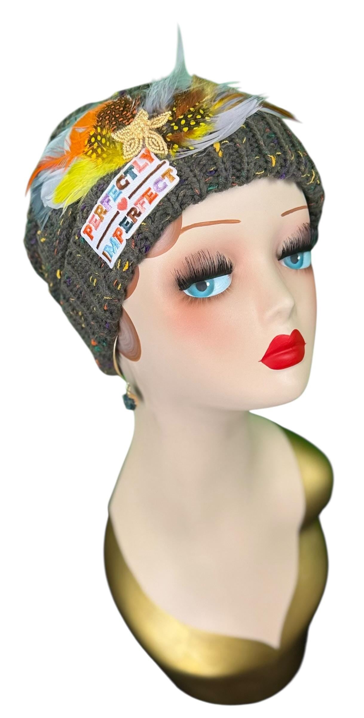 Perfectly Imperfect Patchwork - Feather Trimmed & Jeweled - All Season’s Beanie