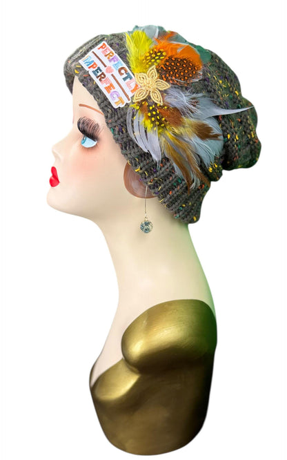 Perfectly Imperfect Patchwork - Feather Trimmed & Jeweled - All Season’s Beanie