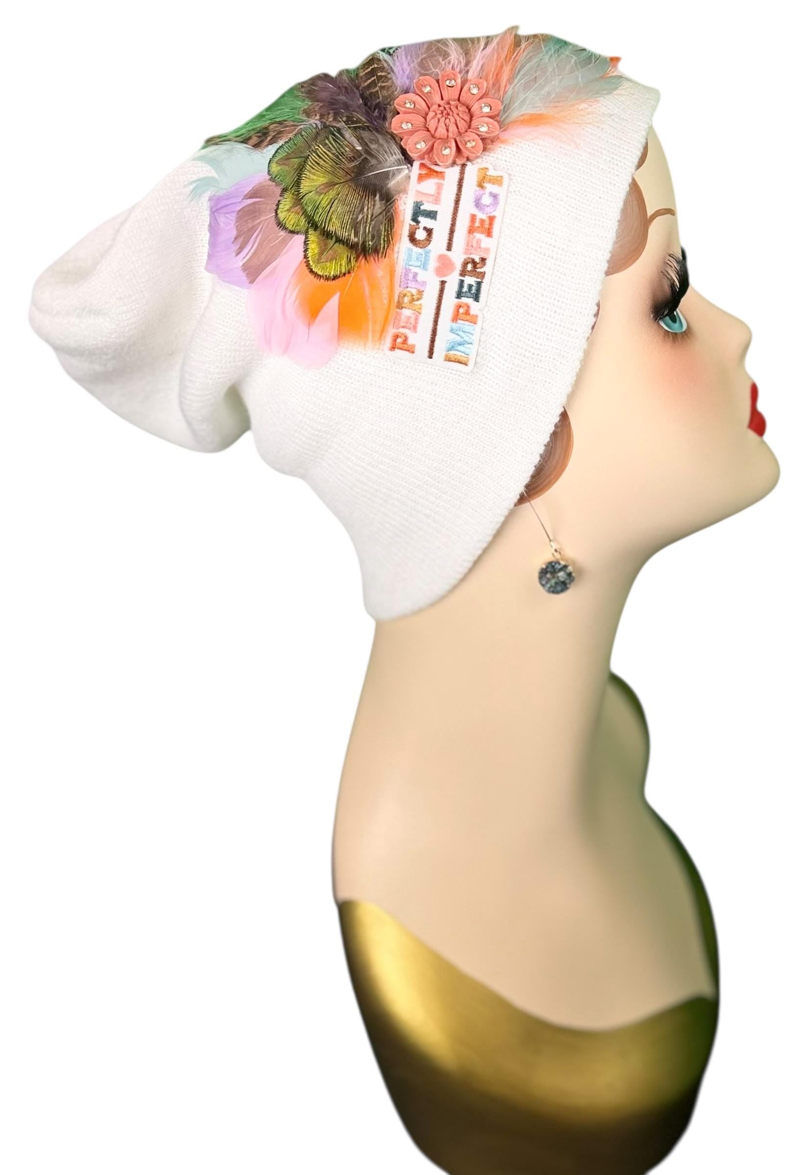 Perfectly Imperfect Patchwork - Feather Trimmed & Jeweled - All Season’s Beanie