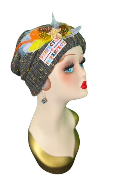 Perfectly Imperfect Patchwork - Feather Trimmed & Jeweled - All Season’s Beanie