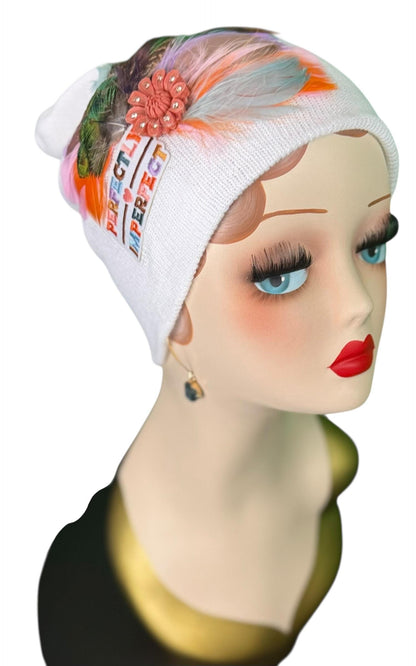 Perfectly Imperfect Patchwork - Feather Trimmed & Jeweled - All Season’s Beanie