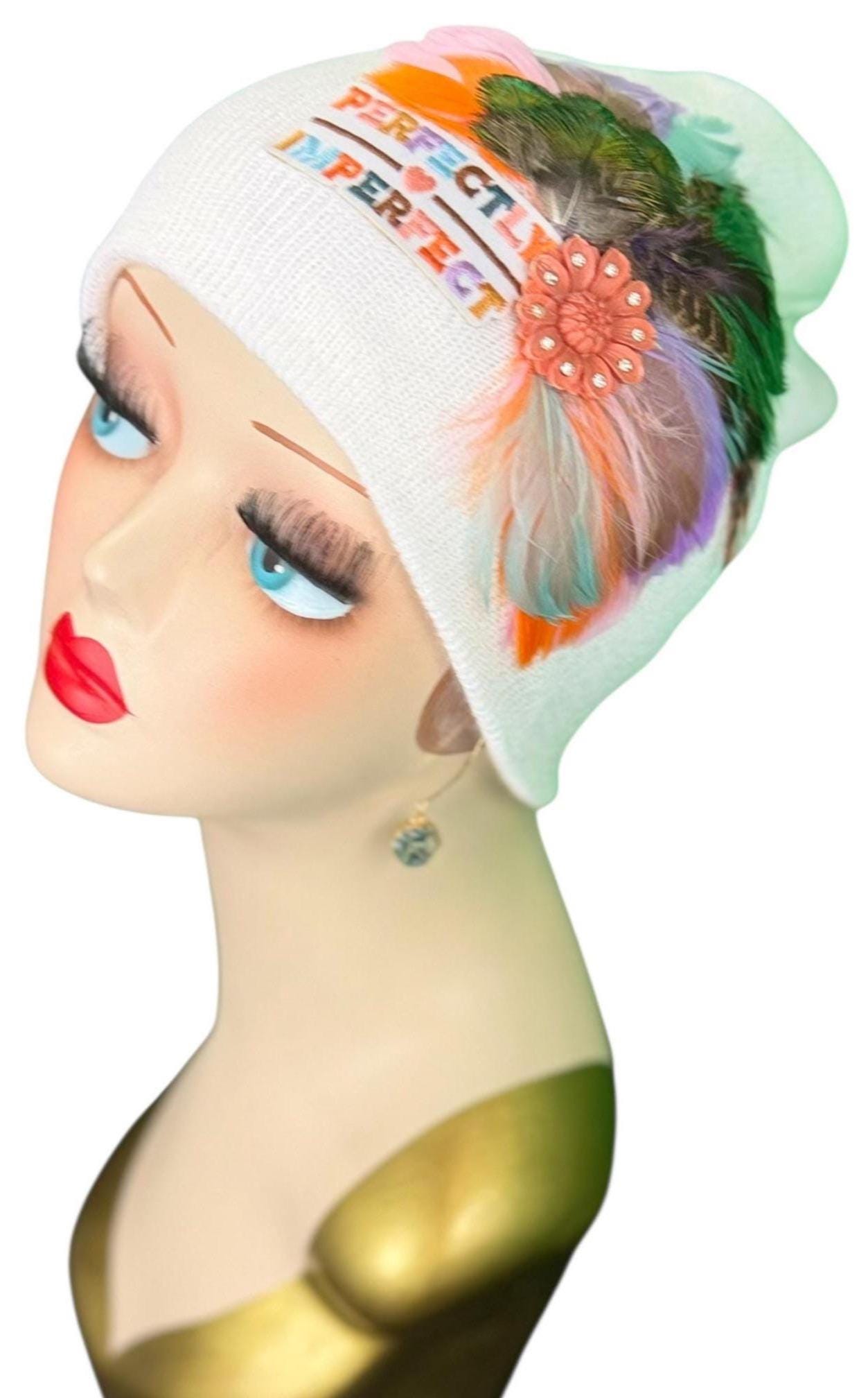 Perfectly Imperfect Patchwork - Feather Trimmed & Jeweled - All Season’s Beanie