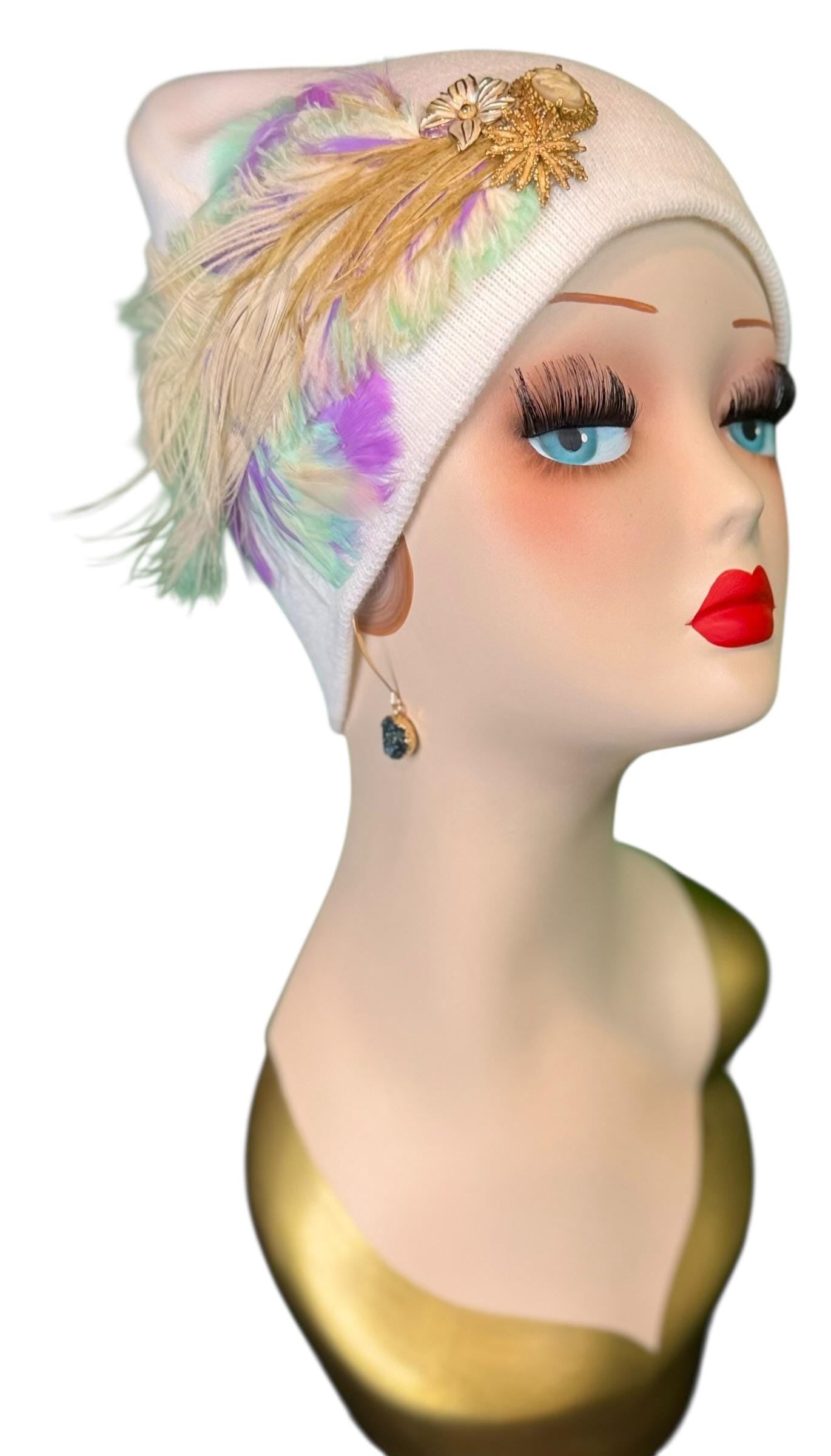 Springtime Pastels Vintage Inspired - Feather & Jeweled Embellishments - Elegant All Season Wear