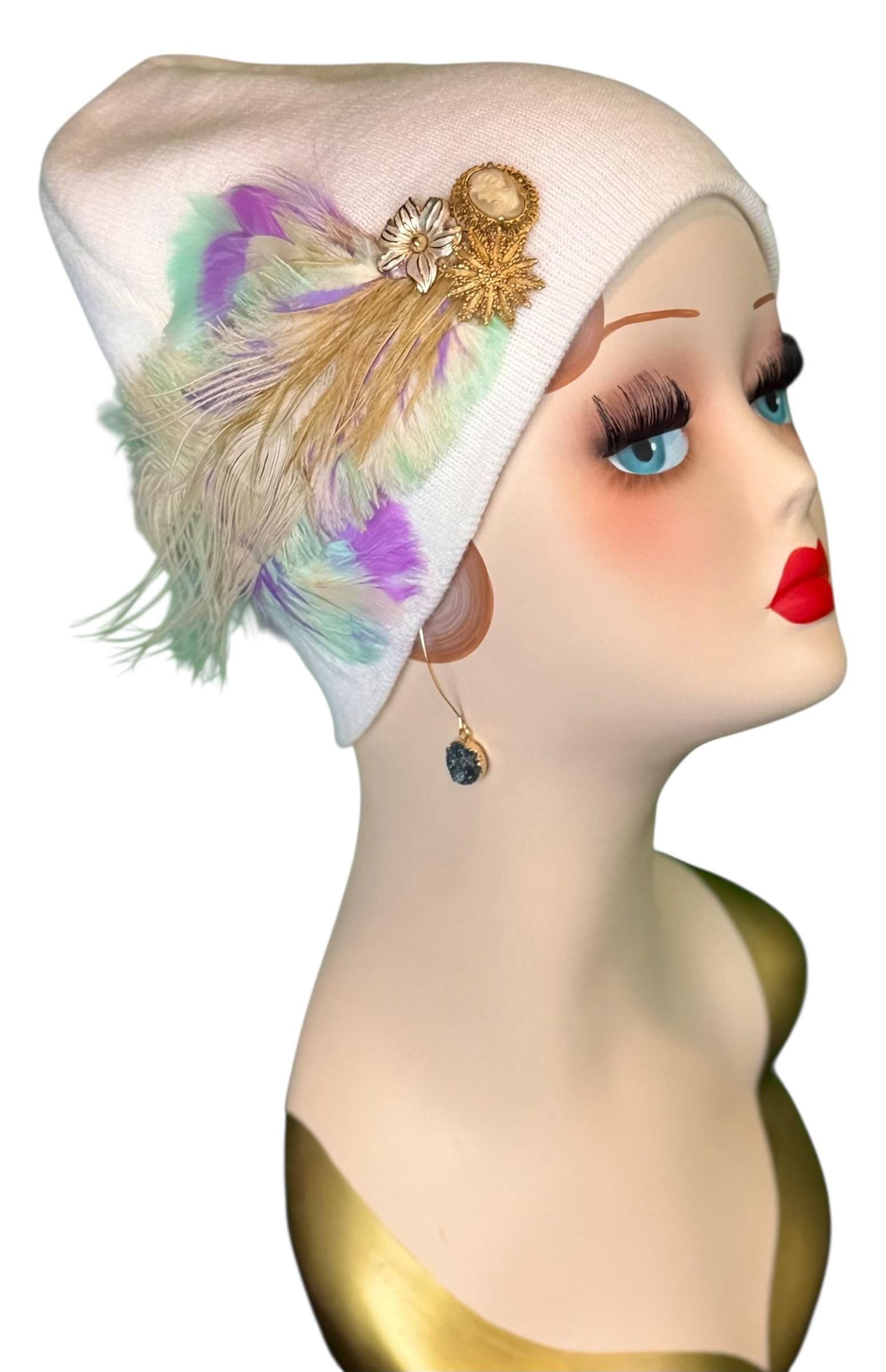Springtime Pastels Vintage Inspired - Feather & Jeweled Embellishments - Elegant All Season Wear