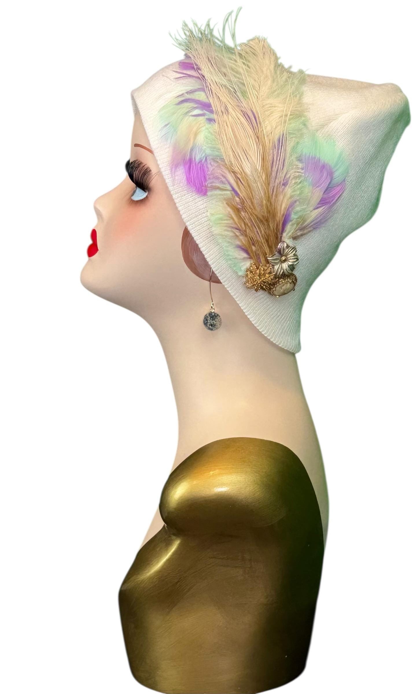 Springtime Pastels Vintage Inspired - Feather & Jeweled Embellishments - Elegant All Season Wear