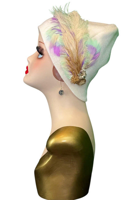 Springtime Pastels Vintage Inspired - Feather & Jeweled Embellishments - Elegant All Season Wear