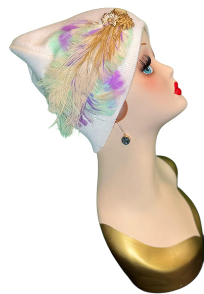 Springtime Pastels Vintage Inspired - Feather & Jeweled Embellishments - Elegant All Season Wear
