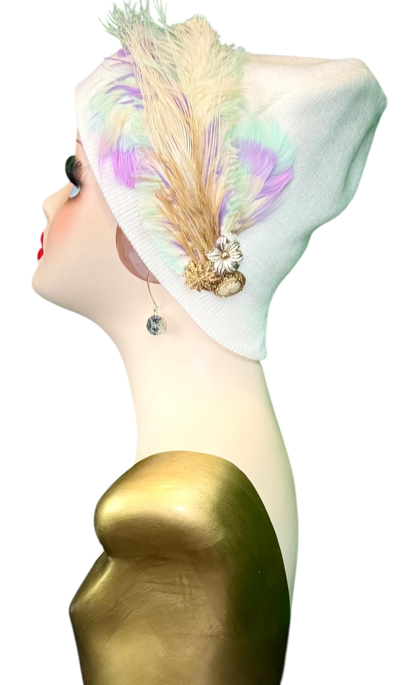 Springtime Pastels Vintage Inspired - Feather & Jeweled Embellishments - Elegant All Season Wear
