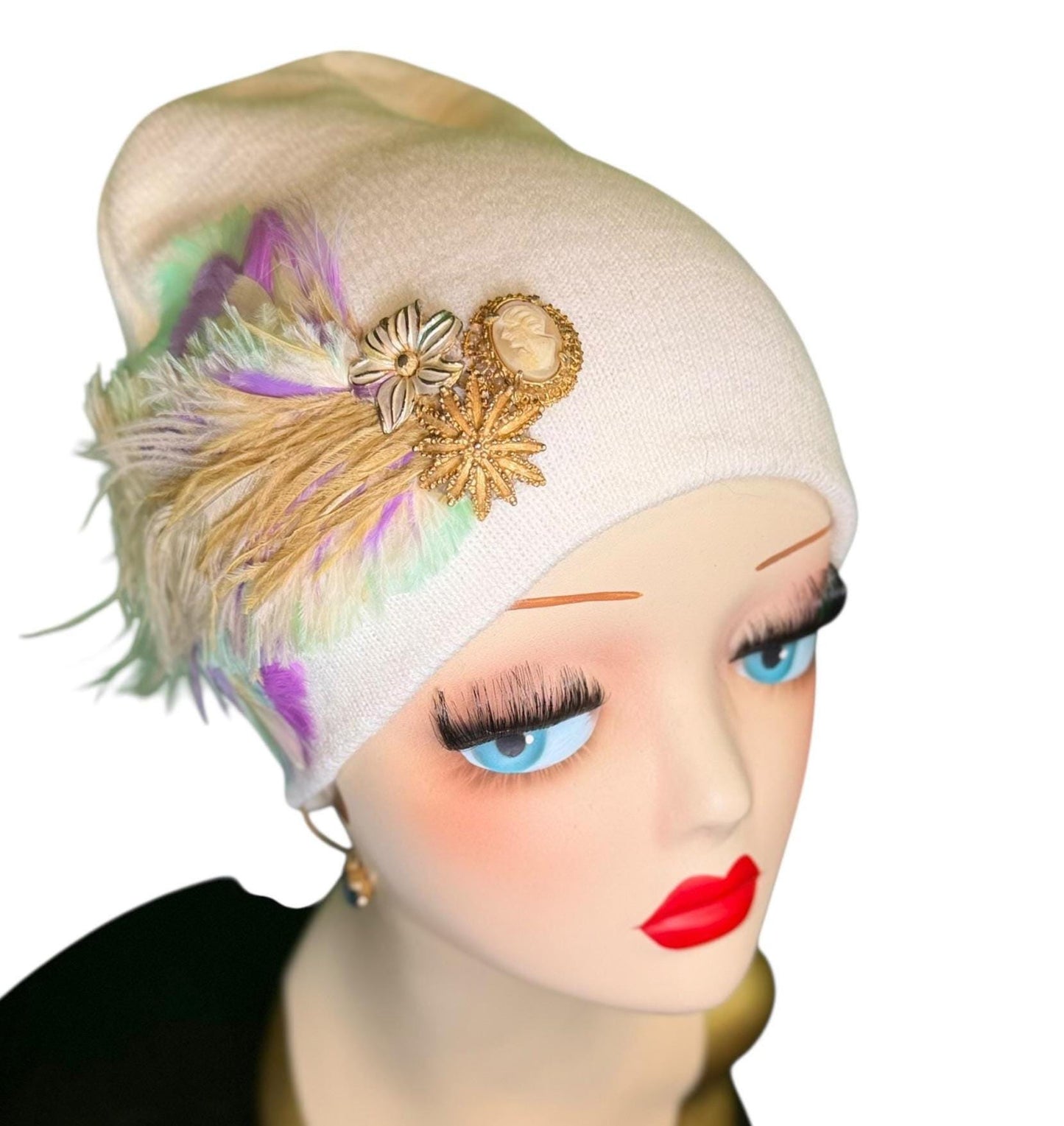 Springtime Pastels Vintage Inspired - Feather & Jeweled Embellishments - Elegant All Season Wear