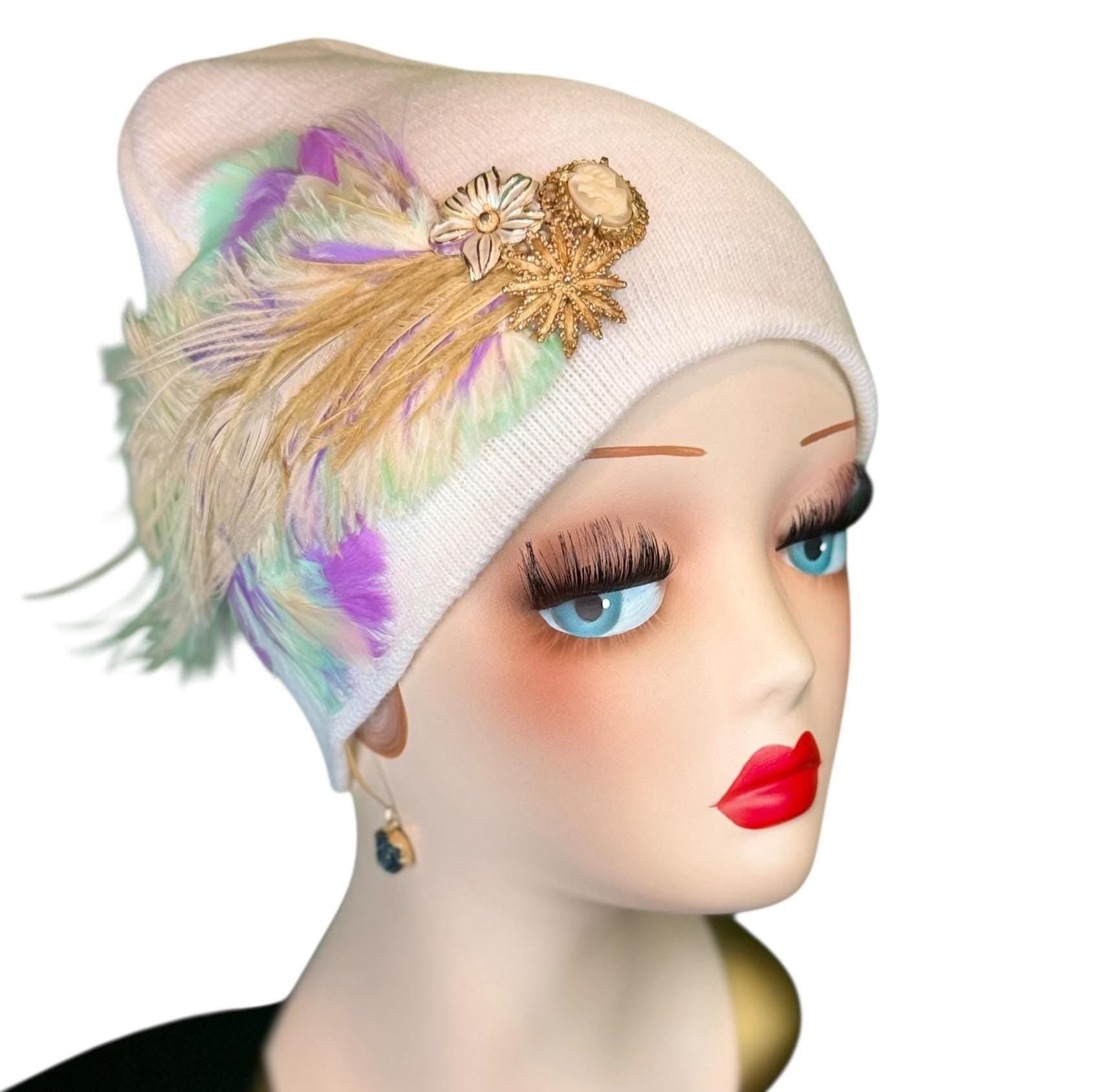 Springtime Pastels Vintage Inspired - Feather & Jeweled Embellishments - Elegant All Season Wear