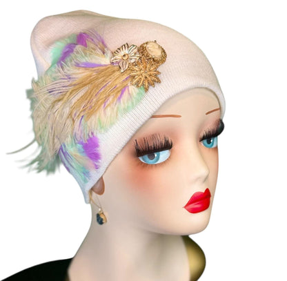 Springtime Pastels Vintage Inspired - Feather & Jeweled Embellishments - Elegant All Season Wear