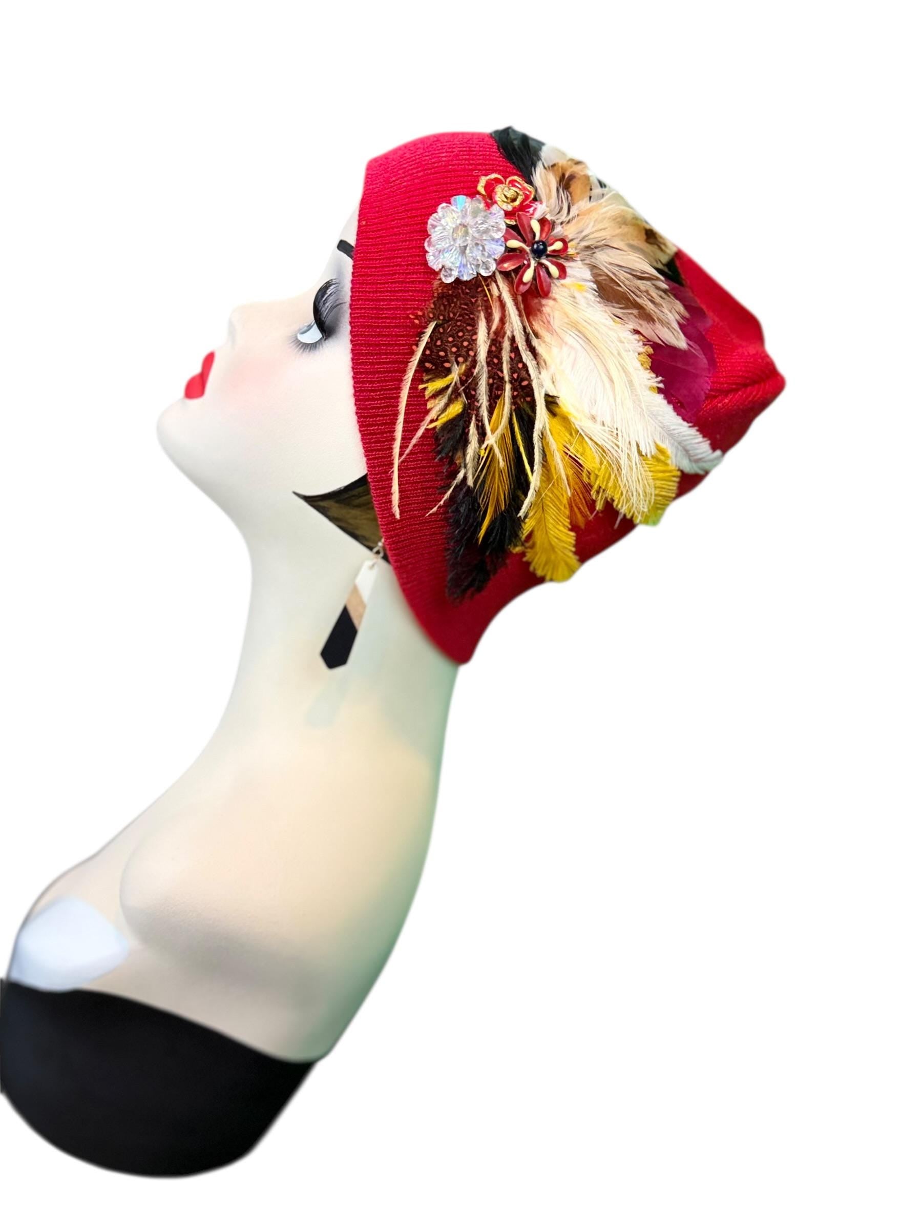 Fancy Jeweled Embellished Knit Hat - Feathered Flapper - Unique Hat - Fashionable All Season Wear