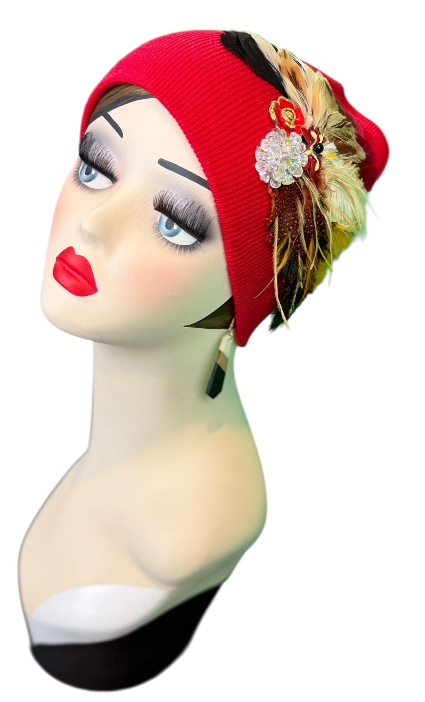 Fancy Jeweled Embellished Knit Hat - Feathered Flapper - Unique Hat - Fashionable All Season Wear