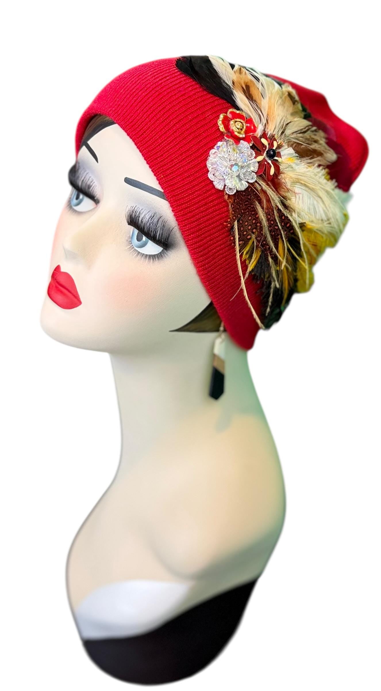 Fancy Jeweled Embellished Knit Hat - Feathered Flapper - Unique Hat - Fashionable All Season Wear