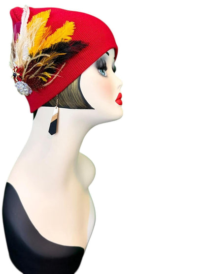 Fancy Jeweled Embellished Knit Hat - Feathered Flapper - Unique Hat - Fashionable All Season Wear
