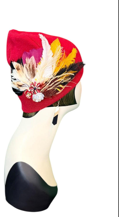 Fancy Jeweled Embellished Knit Hat - Feathered Flapper - Unique Hat - Fashionable All Season Wear