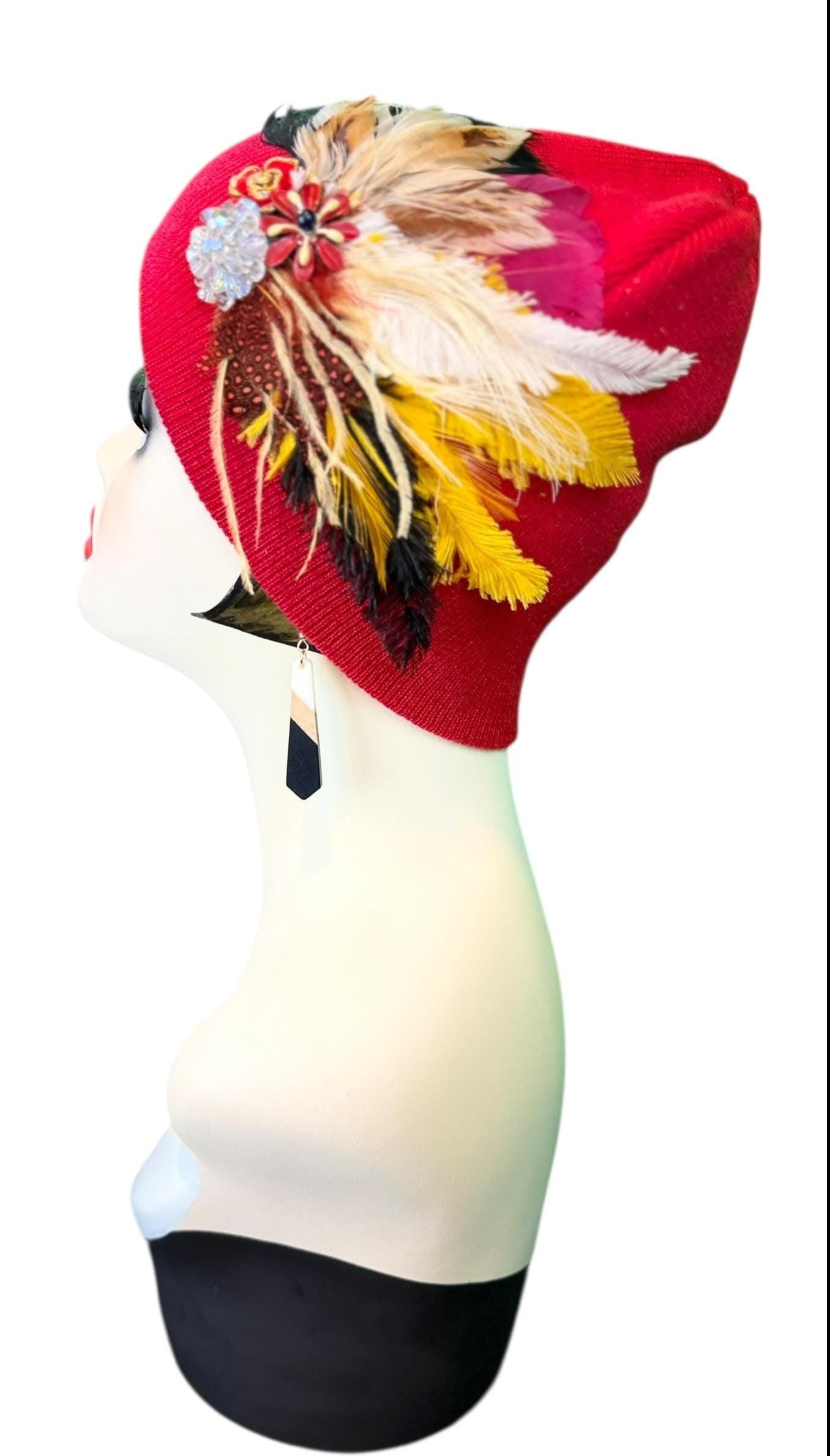 Fancy Jeweled Embellished Knit Hat - Feathered Flapper - Unique Hat - Fashionable All Season Wear