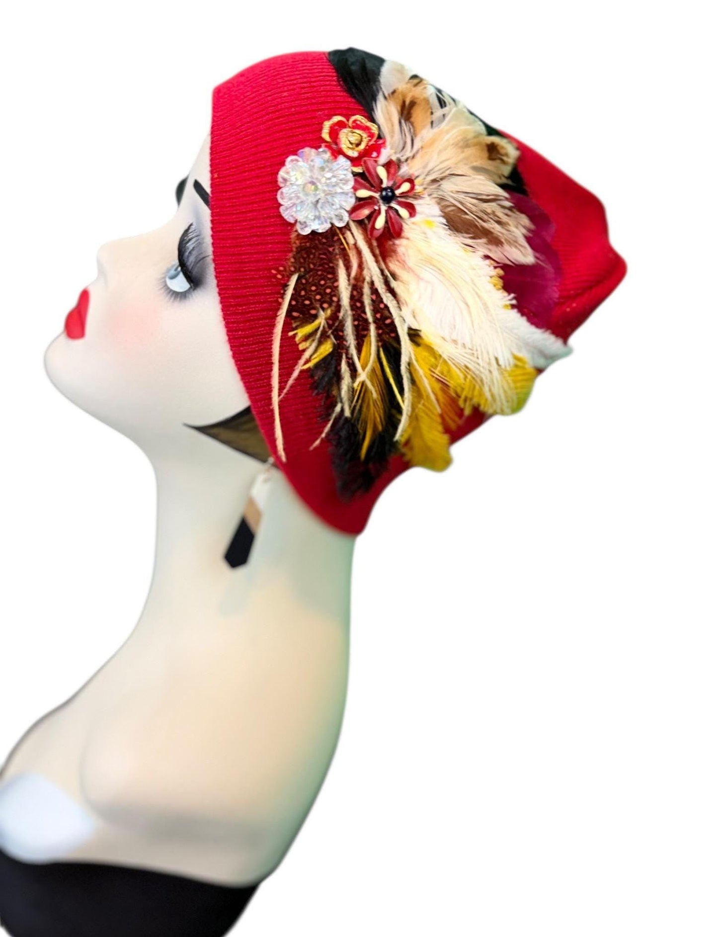 Fancy Jeweled Embellished Knit Hat - Feathered Flapper - Unique Hat - Fashionable All Season Wear