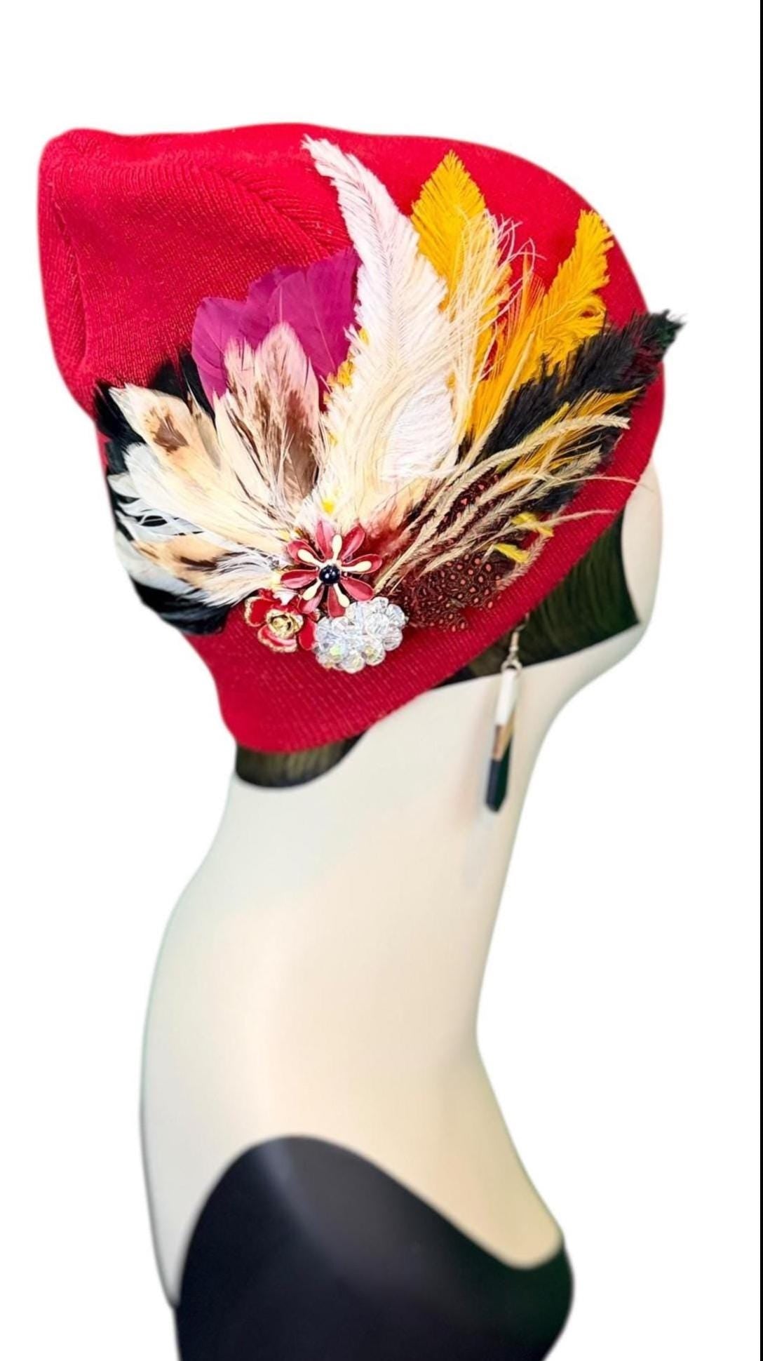 Fancy Jeweled Embellished Knit Hat - Feathered Flapper - Unique Hat - Fashionable All Season Wear