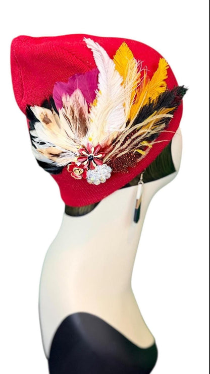 Fancy Jeweled Embellished Knit Hat - Feathered Flapper - Unique Hat - Fashionable All Season Wear