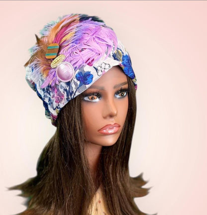 Statement Flower Lace Flapper Jeweled Designer Feathered Winter Knit Hat