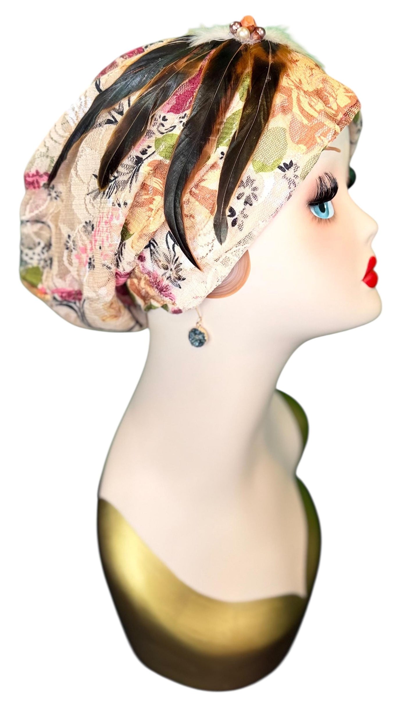 Cashmere Crème Statement Floral Lace Flapper - Vintage Jeweled & Feathered Designer Collectible Accessory