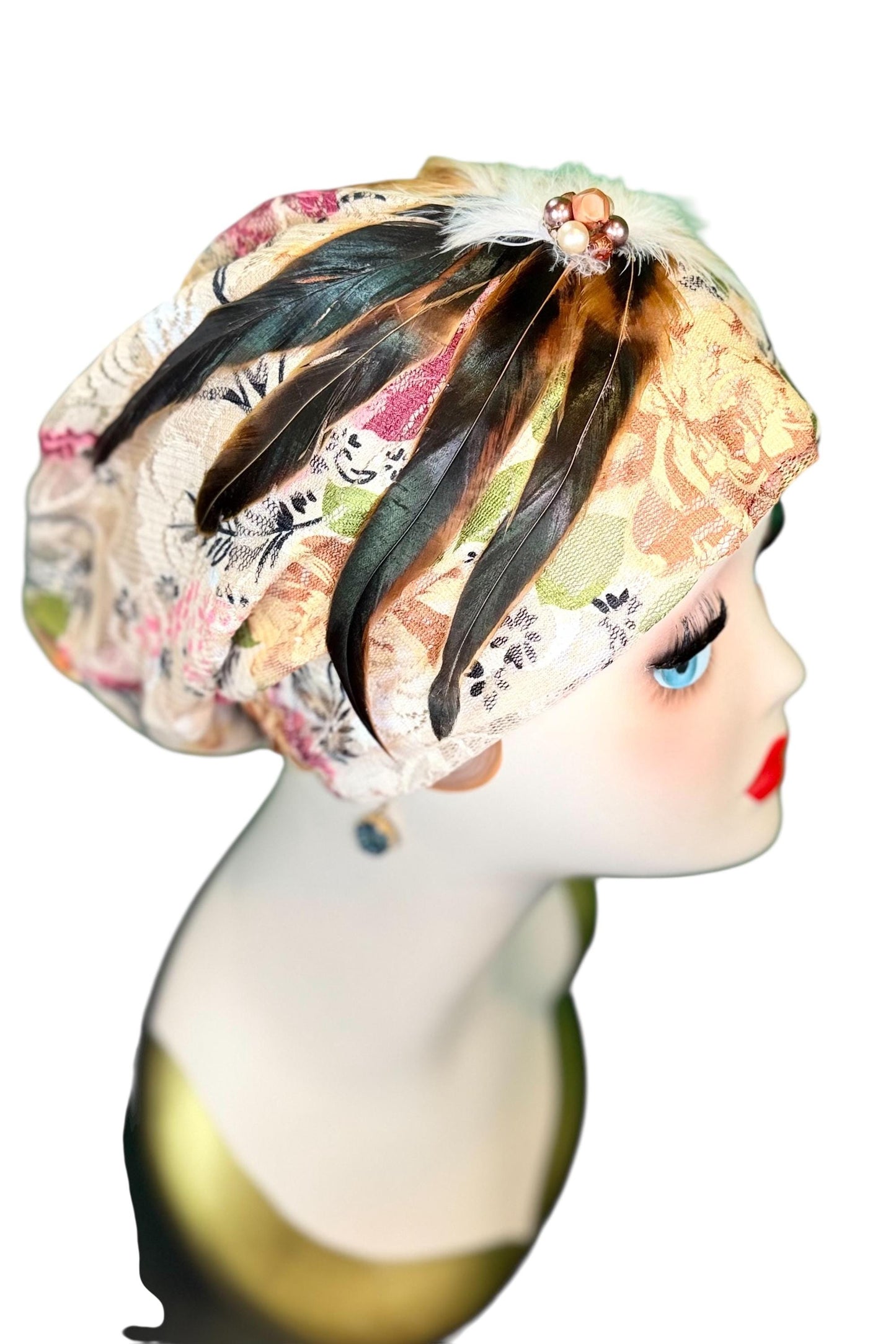Cashmere Crème Statement Floral Lace Flapper - Vintage Jeweled & Feathered Designer Collectible Accessory