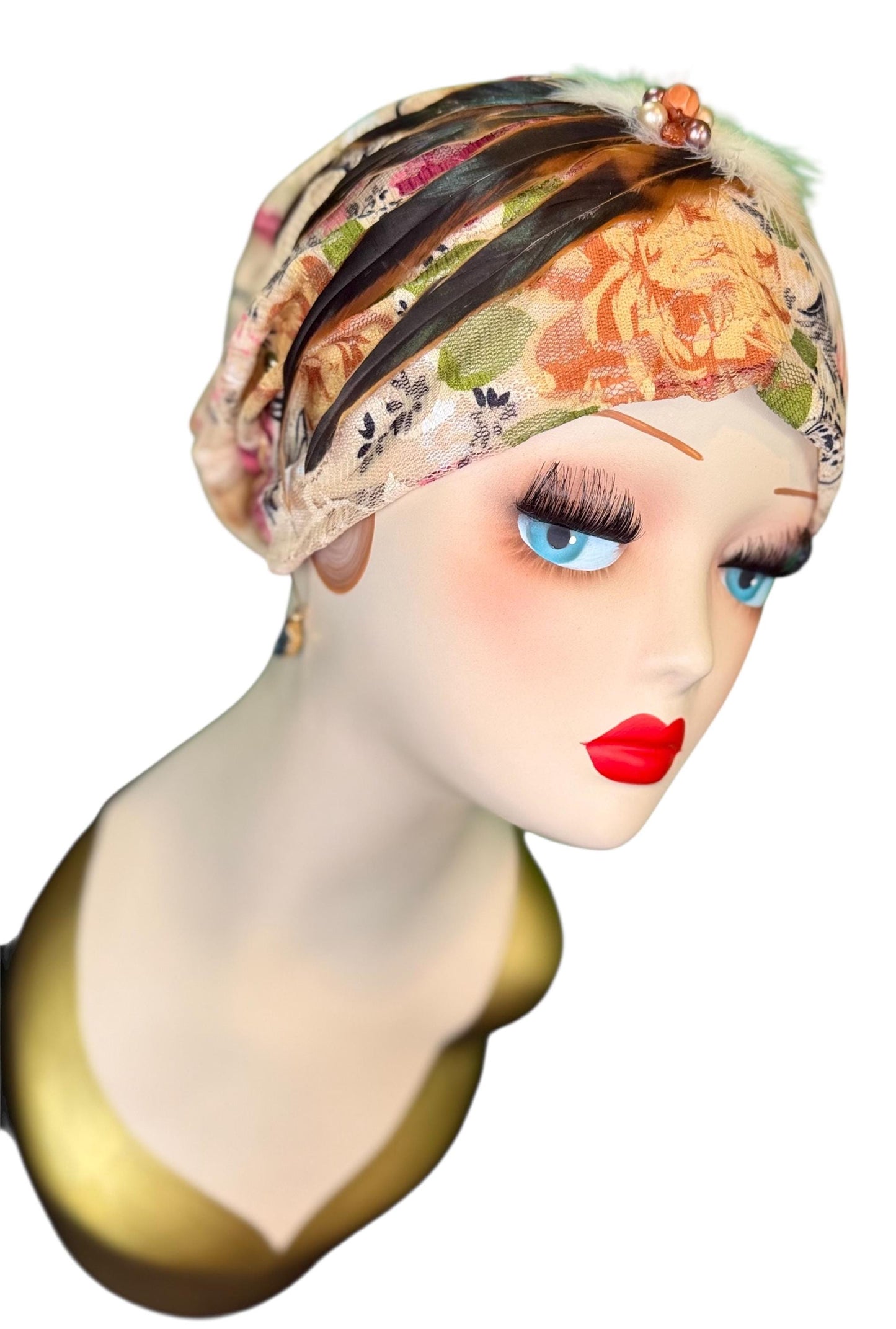 Cashmere Crème Statement Floral Lace Flapper - Vintage Jeweled & Feathered Designer Collectible Accessory