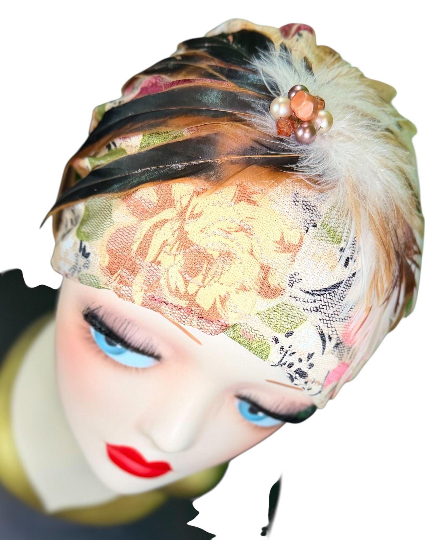 Cashmere Crème Statement Floral Lace Flapper - Vintage Jeweled & Feathered Designer Collectible Accessory