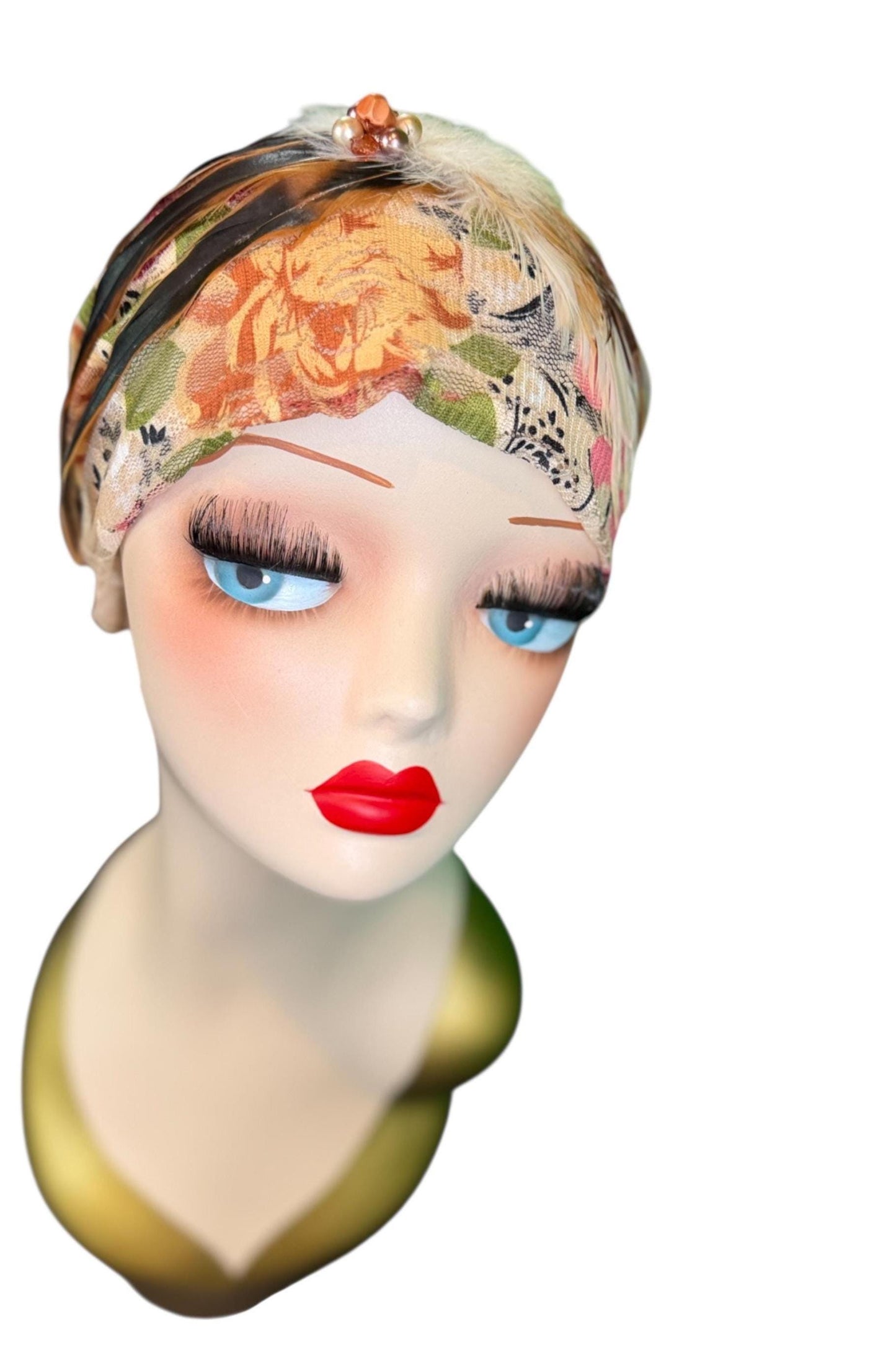 Cashmere Crème Statement Floral Lace Flapper - Vintage Jeweled & Feathered Designer Collectible Accessory