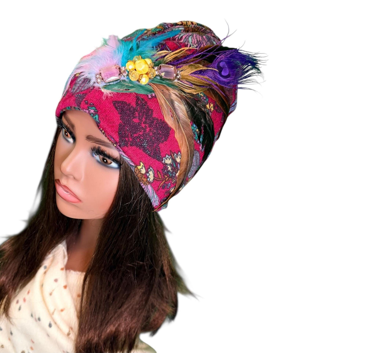 Statement Flower Flapper Jeweled Designer Feathered Winter Knit Hat