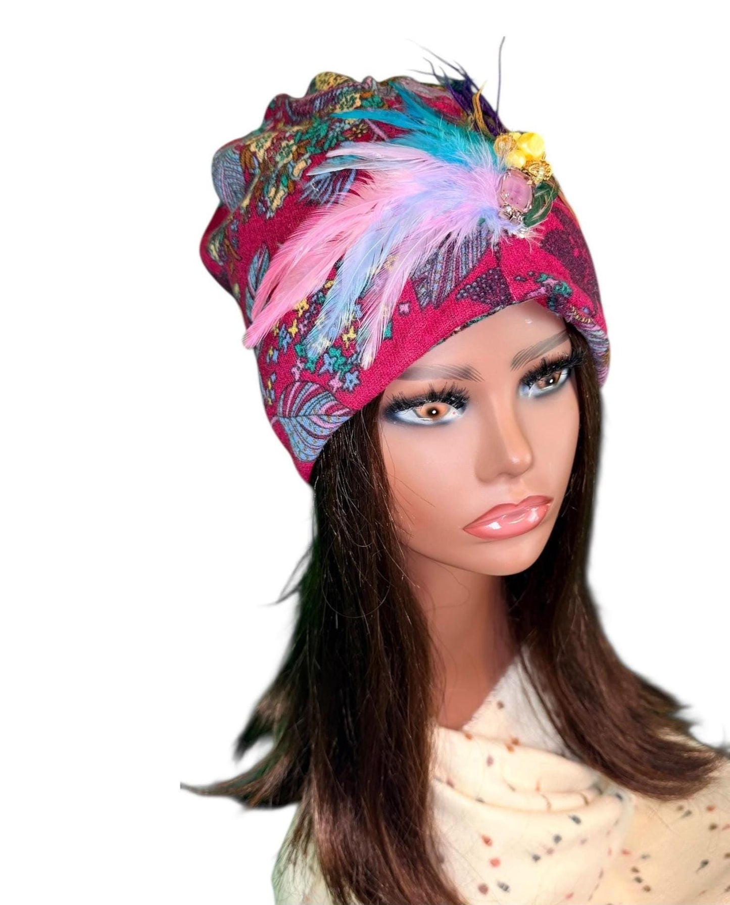 Statement Flower Flapper Jeweled Designer Feathered Winter Knit Hat