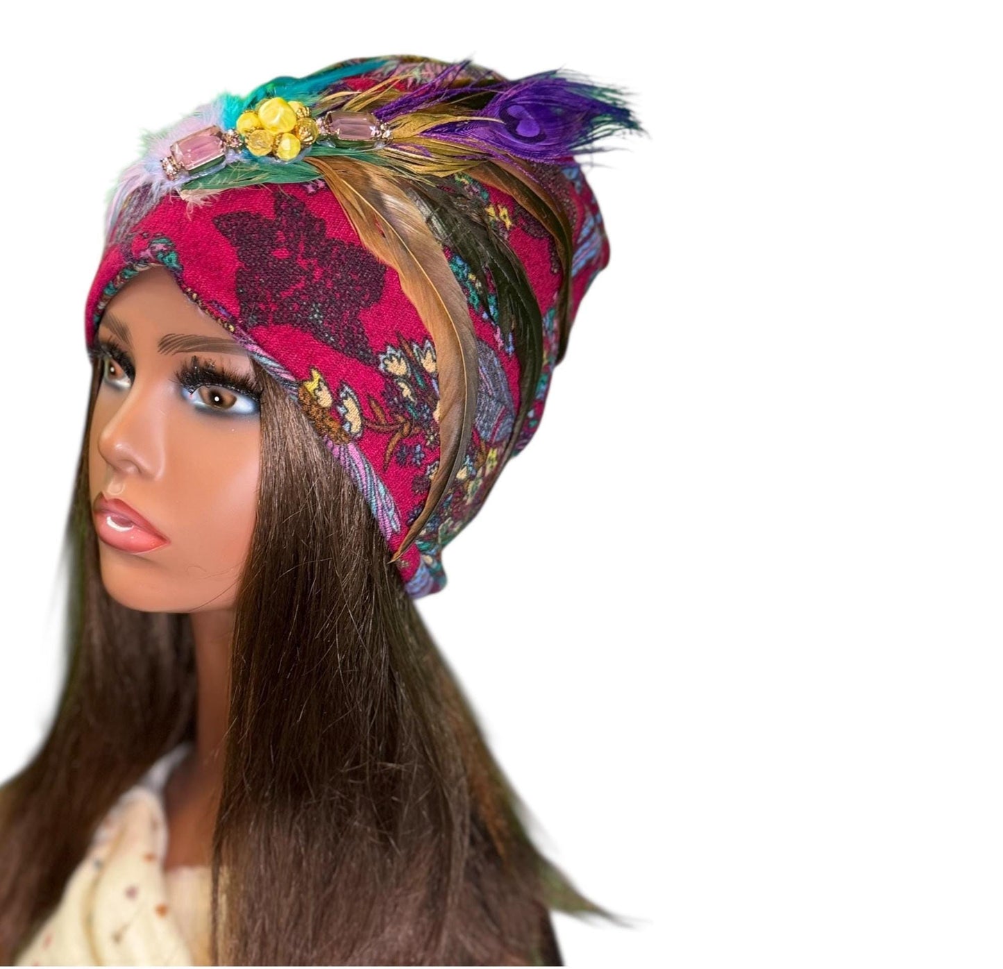 Statement Flower Flapper Jeweled Designer Feathered Winter Knit Hat