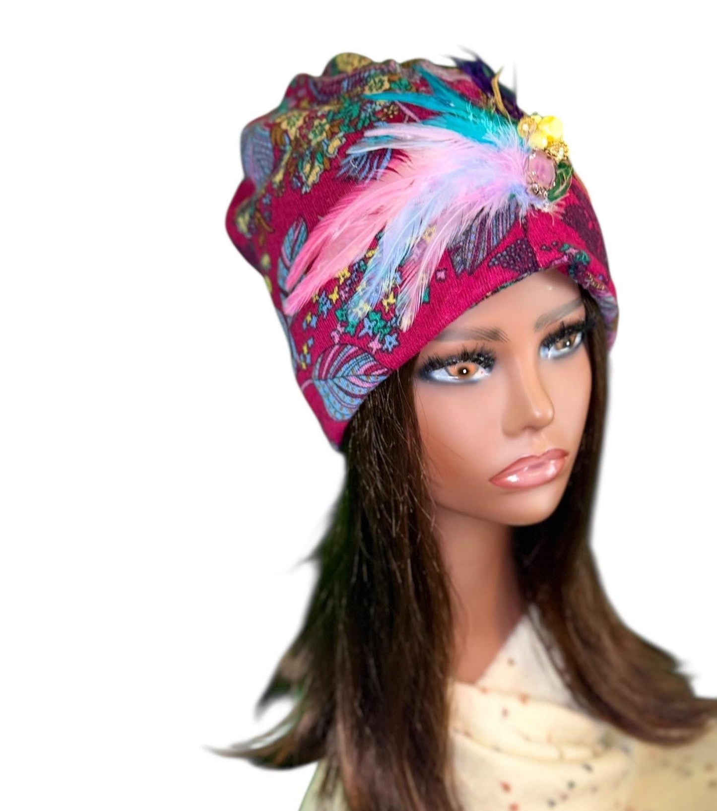 Statement Flower Flapper Jeweled Designer Feathered Winter Knit Hat