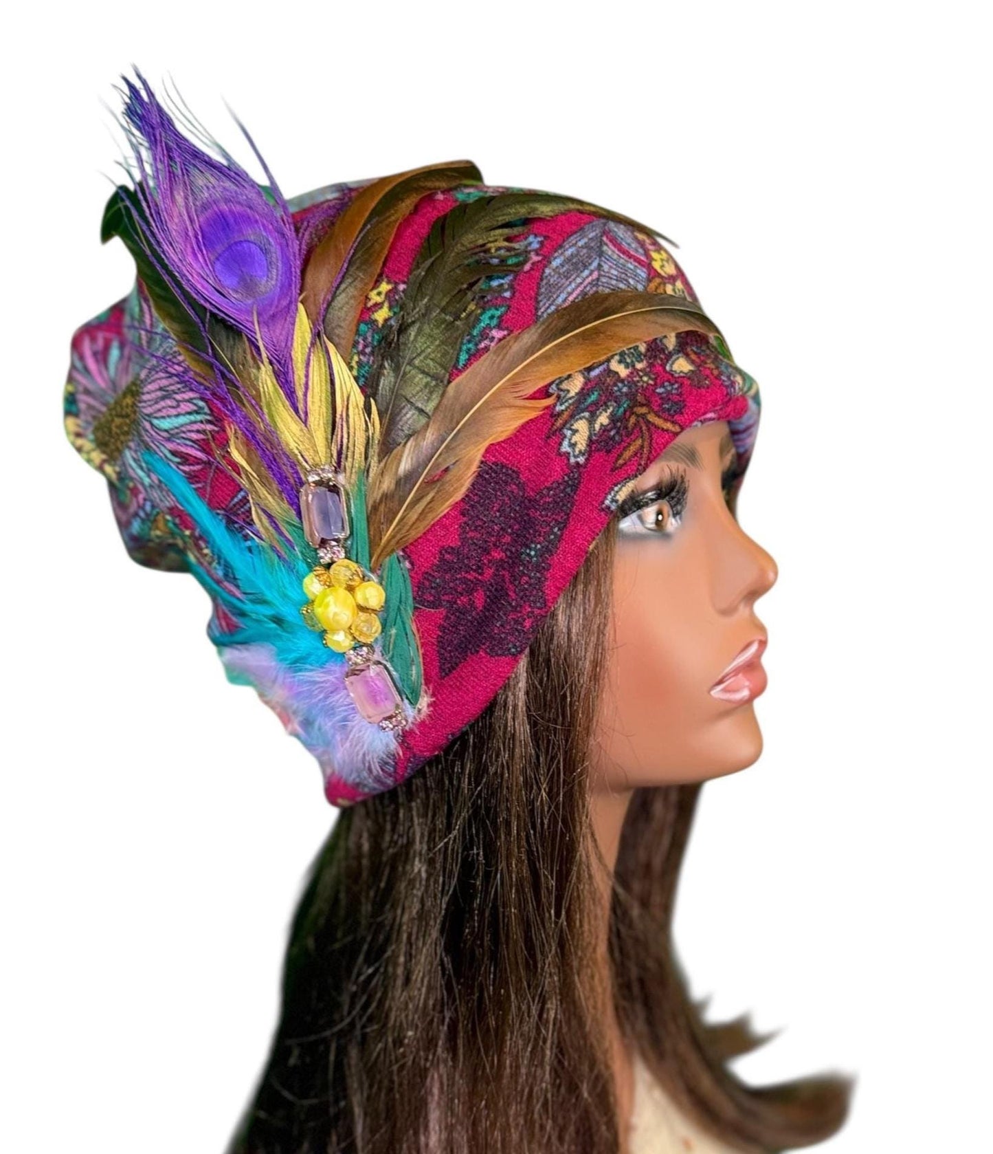 Statement Flower Flapper Jeweled Designer Feathered Winter Knit Hat
