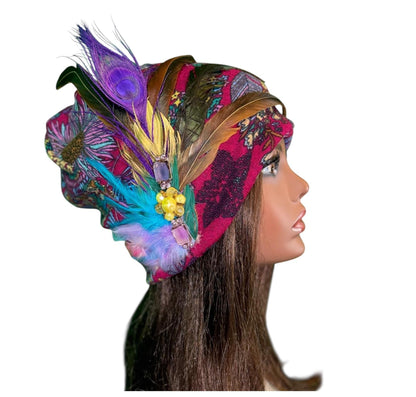 Statement Flower Flapper Jeweled Designer Feathered Winter Knit Hat