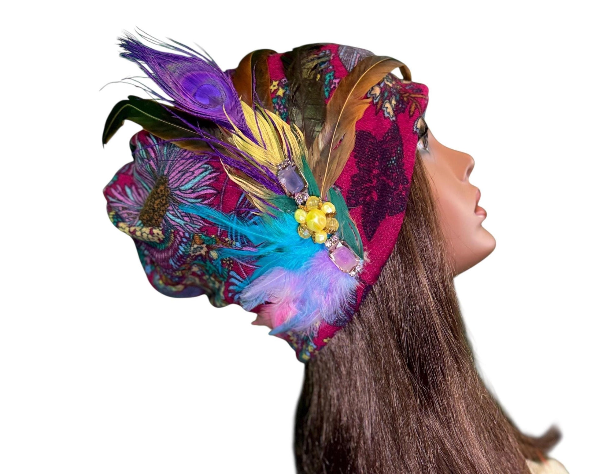 Statement Flower Flapper Jeweled Designer Feathered Winter Knit Hat