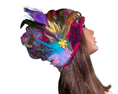 Statement Flower Flapper Jeweled Designer Feathered Winter Knit Hat