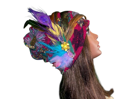 Statement Flower Flapper Jeweled Designer Feathered Winter Knit Hat