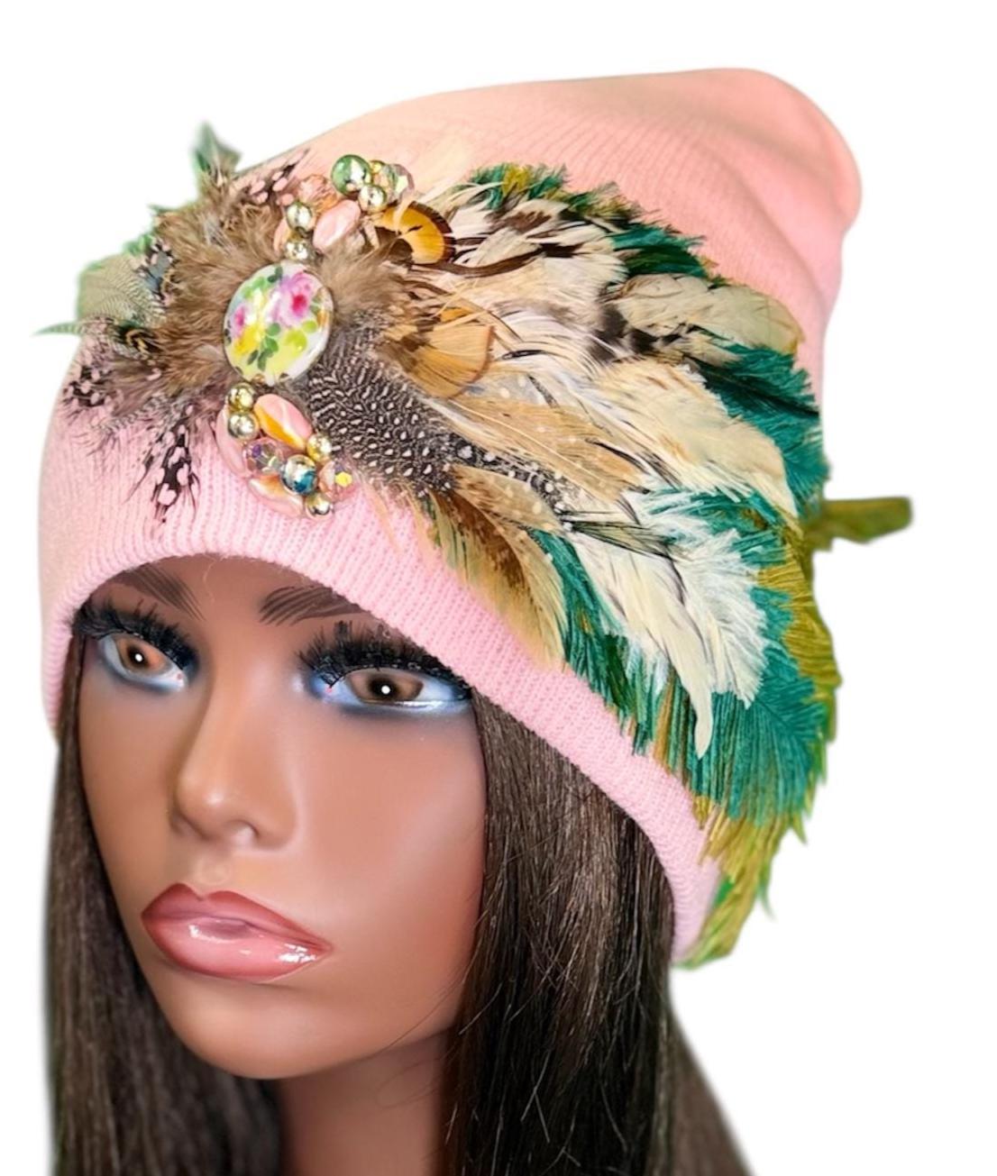Butterfly Inspired Feathered Jeweled Knit Hat - Sparkly Winter Flapper Beanie